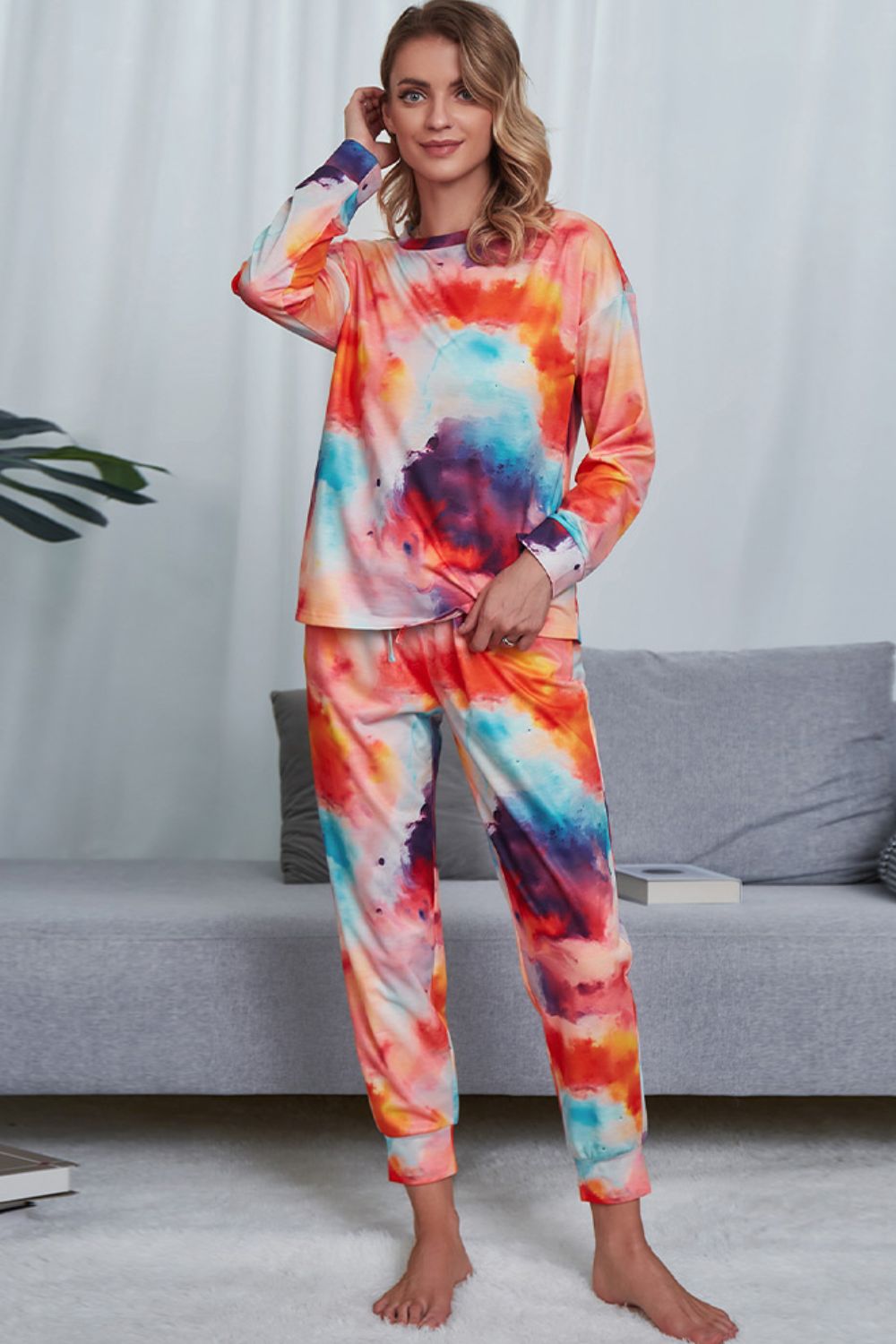 Shiny Tie-Dye Crewneck Top and Drawstring Waist Joggers Lounge Set