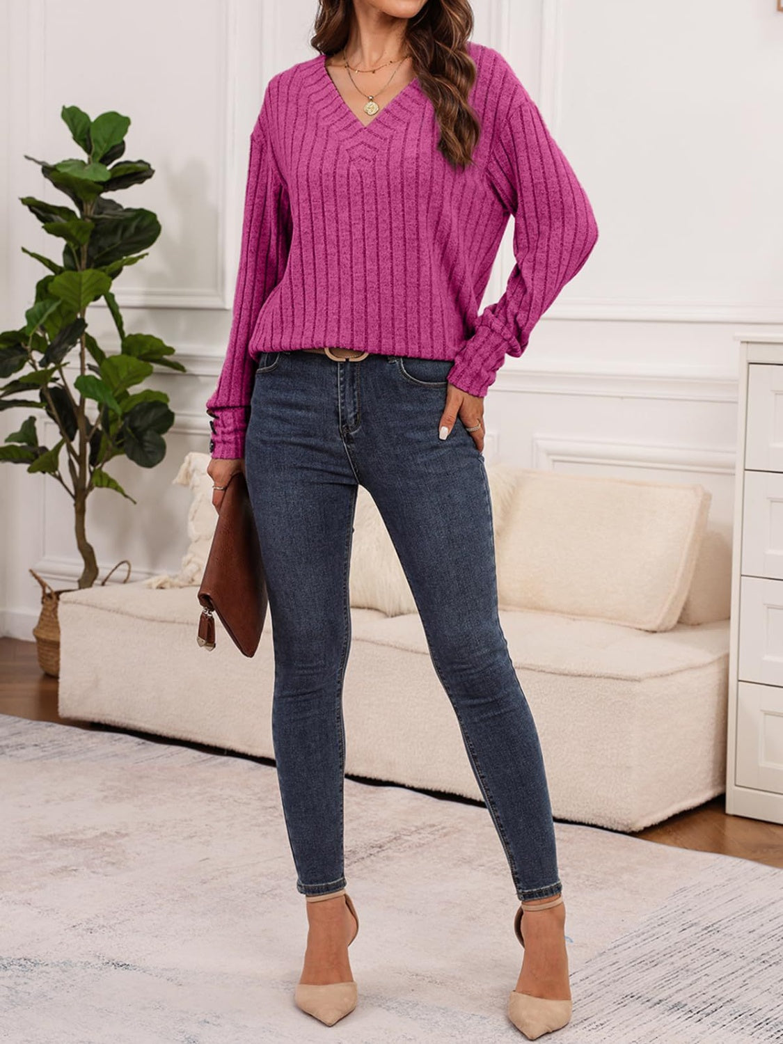 Ribbed V-Neck Long Sleeve T-Shirt