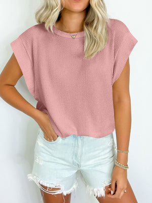 Lovelet Textured Round Neck Cap Sleeve Blouse