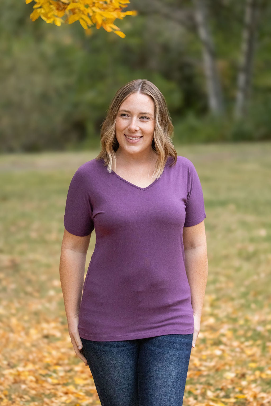 IN STOCK Chloe Cozy Tee - Purple | Women's V-Neck Top