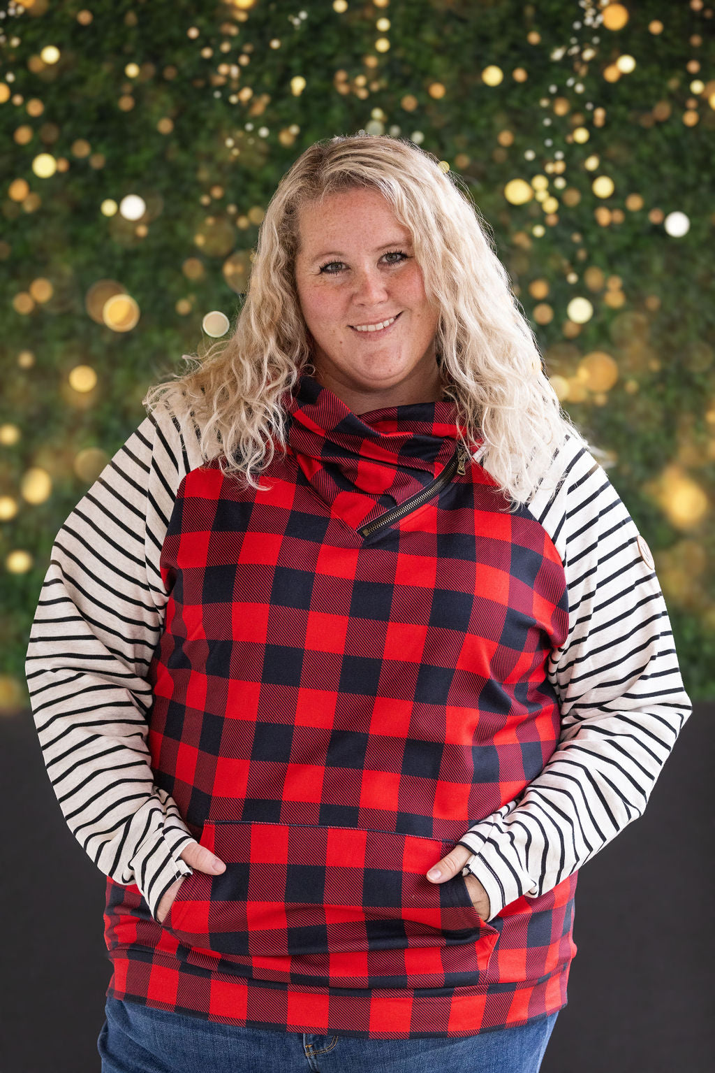 IN STOCK Zoey ZipCowl - Buffalo Plaid and Oatmeal Stripes