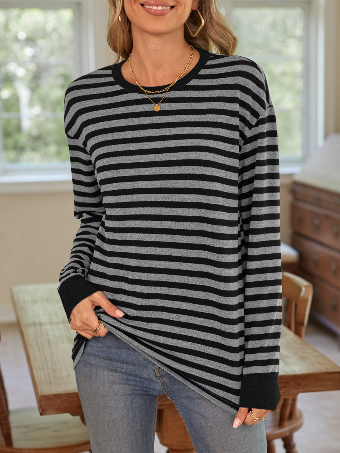 Lovelet Striped Round Neck Long Sleeve T-Shirt