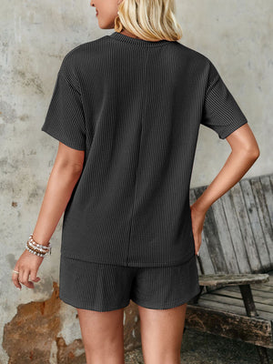 Lovelet Textured Round Neck Short Sleeve Top and Shorts Set