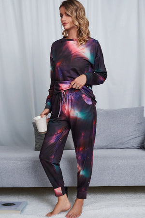 Shiny Tie-Dye Crewneck Top and Drawstring Waist Joggers Lounge Set