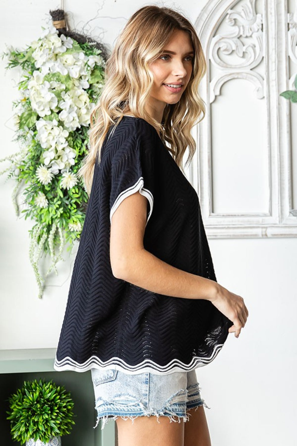 First Love Full Size Contrast Wavy Crochet Drop Shoulder Knit Top