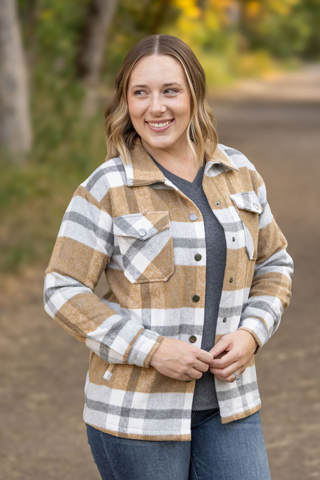 IN STOCK Norah Plaid Shacket - Camel and Grey | Women's Shacket