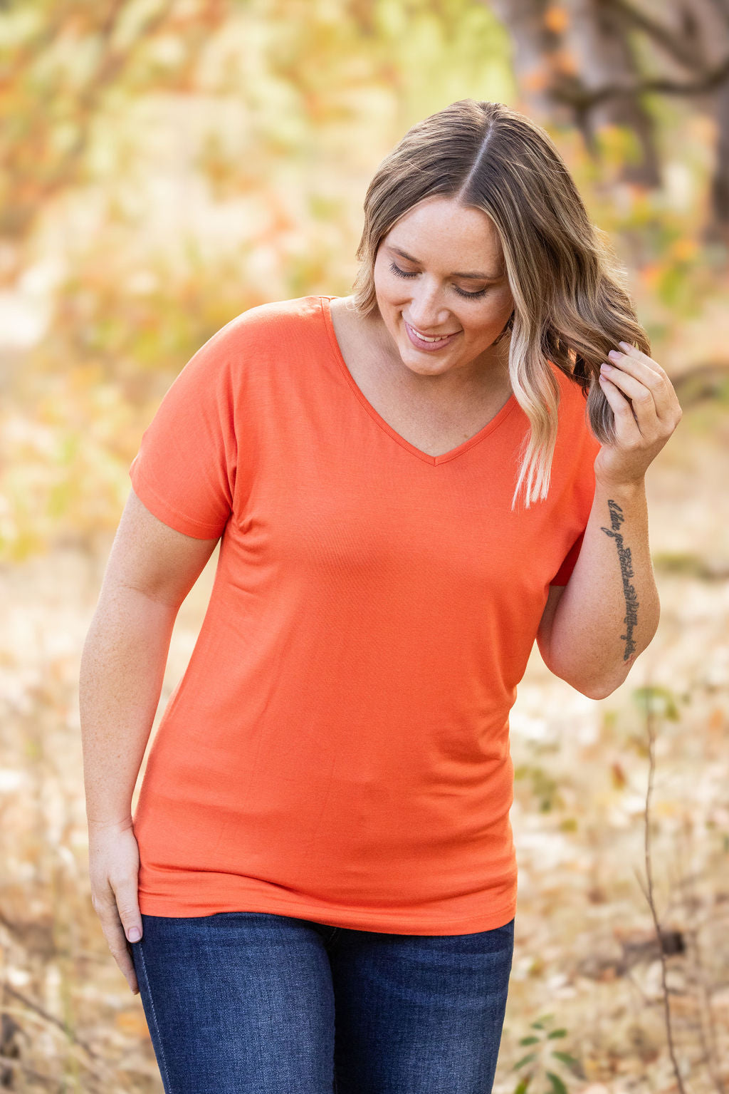 IN STOCK Chloe Cozy Tee - Pumpkin | Women's V-Neck Top