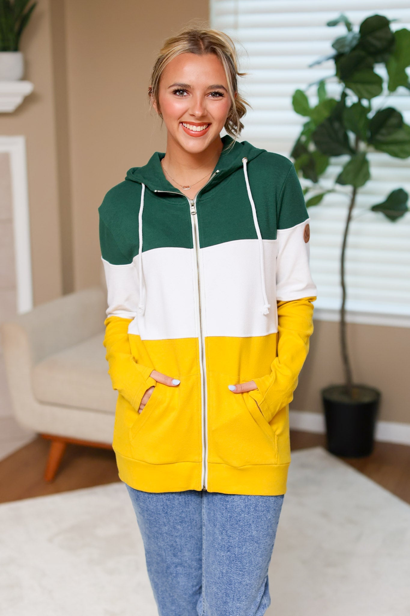 IN STOCK Colorblock Fullzip Women's Hoodie | Green Bay Green, White, Yellow