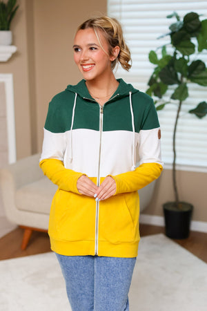 IN STOCK Colorblock Fullzip Women's Hoodie | Green Bay Green, White, Yellow