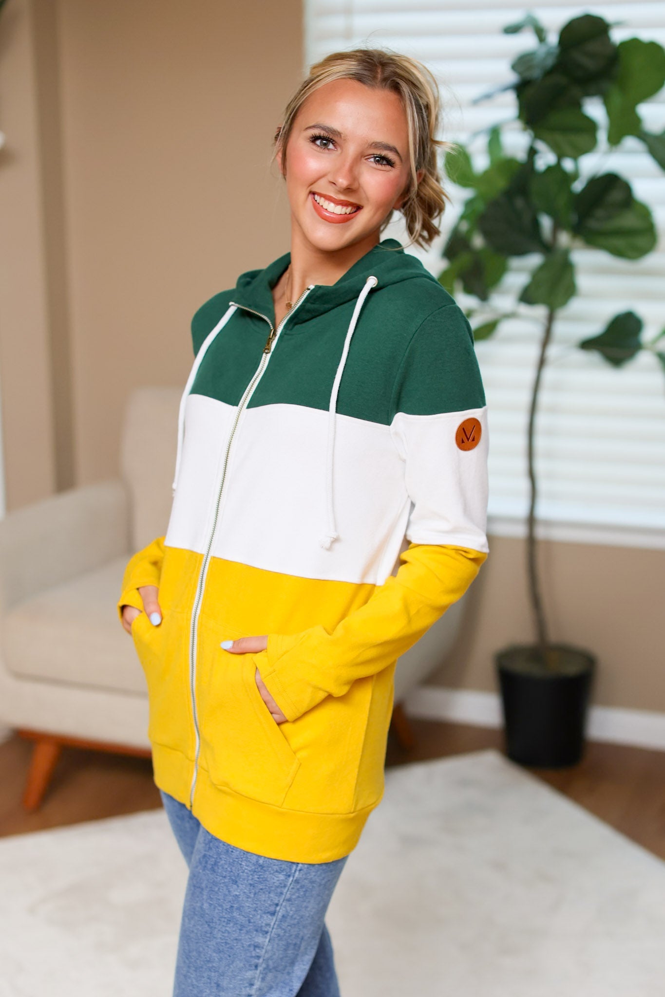 IN STOCK Colorblock Fullzip Women's Hoodie | Green Bay Green, White, Yellow