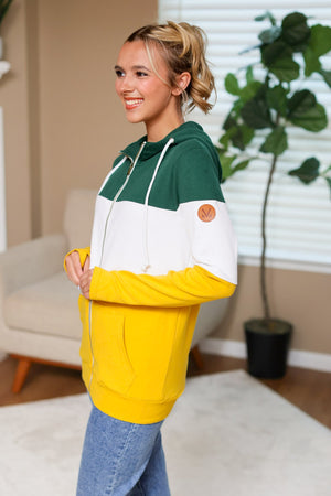 IN STOCK Colorblock Fullzip Women's Hoodie | Green Bay Green, White, Yellow