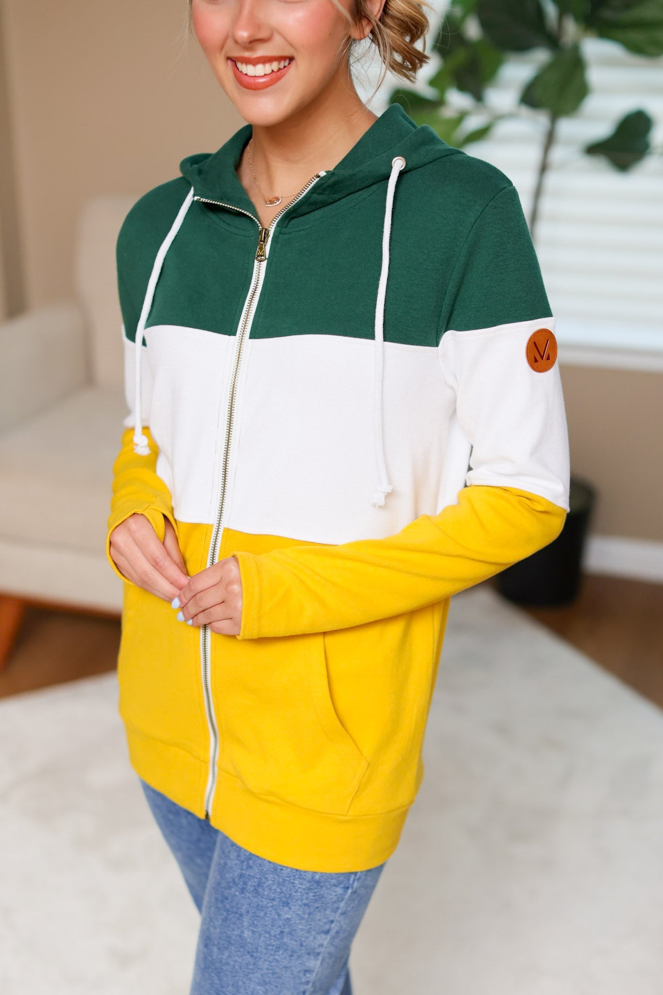 IN STOCK Colorblock Fullzip Women's Hoodie | Green Bay Green, White, Yellow