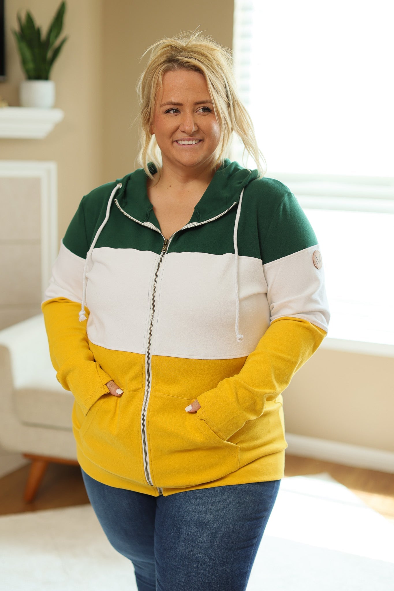 IN STOCK Colorblock Fullzip Women's Hoodie | Green Bay Green, White, Yellow