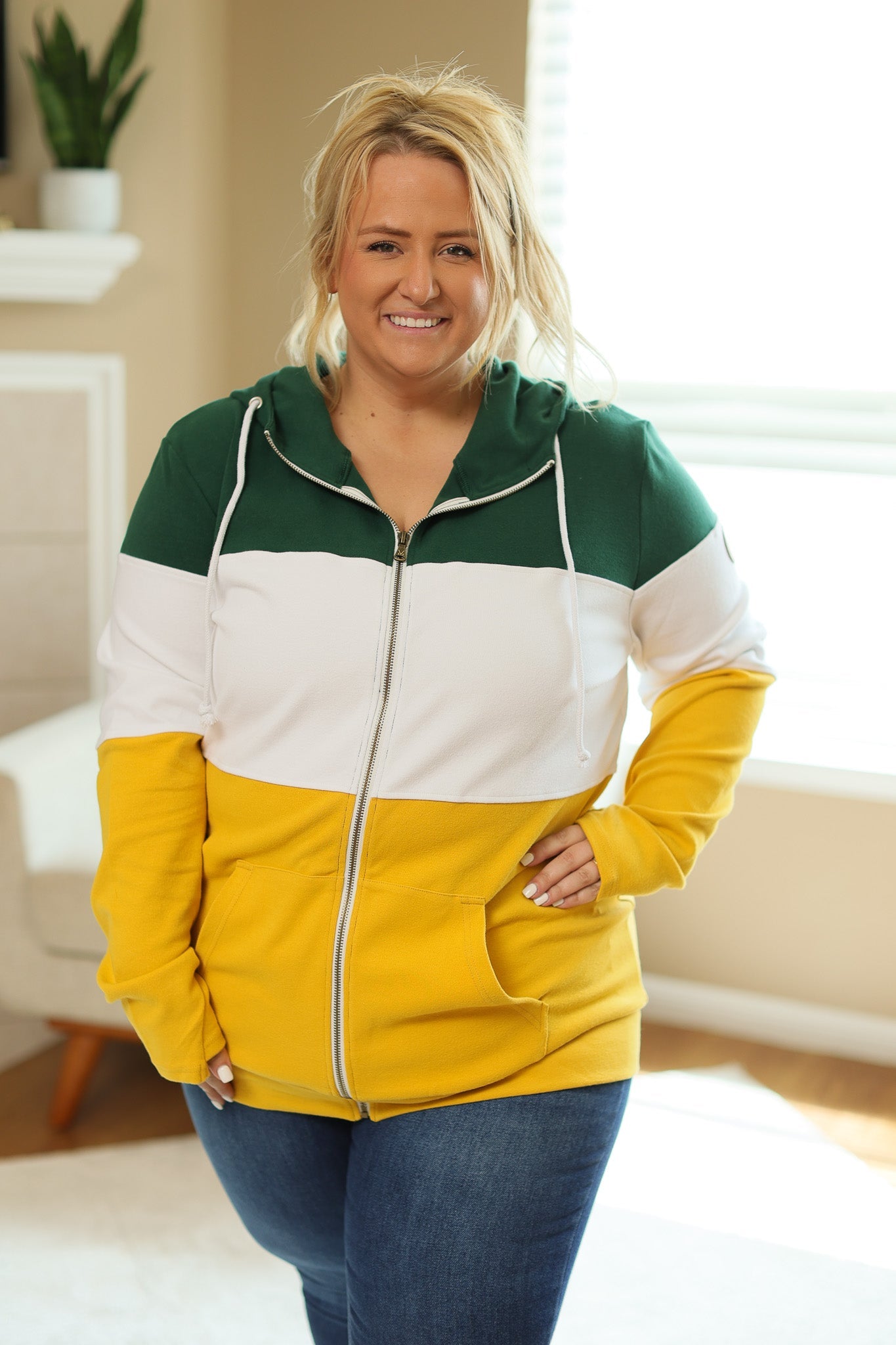 IN STOCK Colorblock Fullzip Women's Hoodie | Green Bay Green, White, Yellow