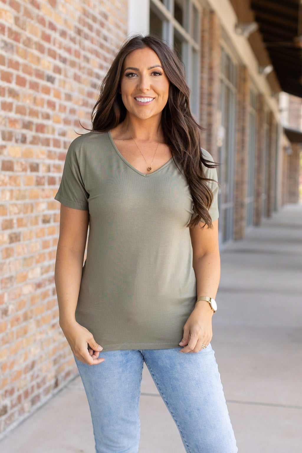 IN STOCK Chloe Cozy Tee - Olive | Women's V-Neck Top