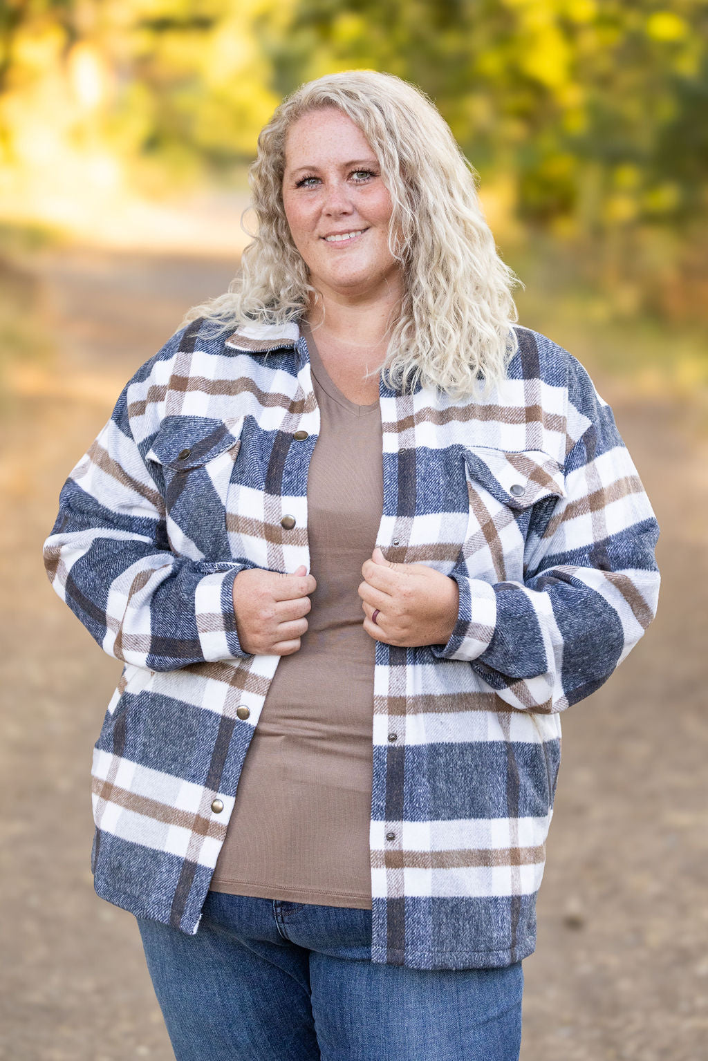 IN STOCK Norah Plaid Shacket - Navy and Tan | Women's Shacket