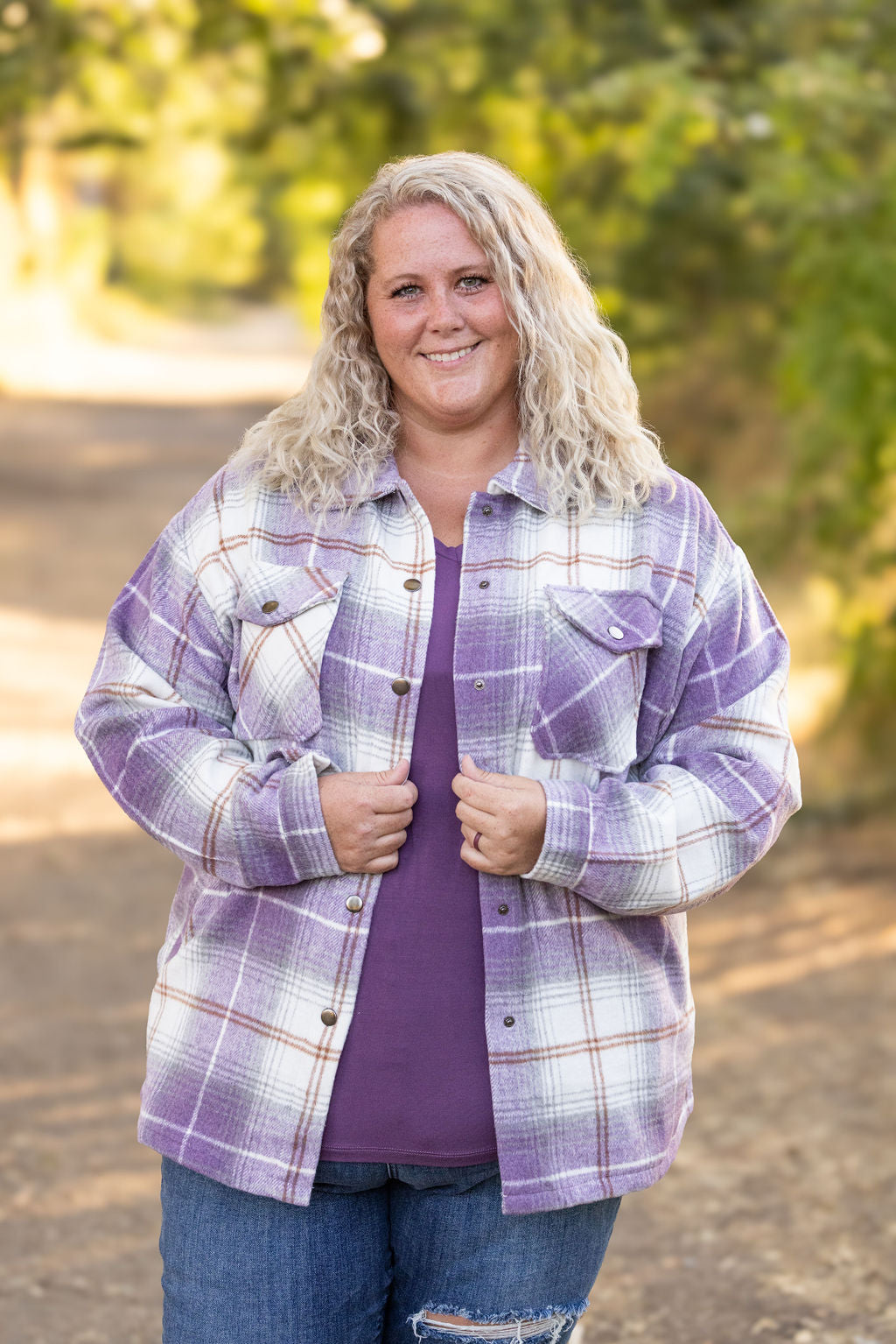 IN STOCK Norah Plaid Shacket - Purple and Gold