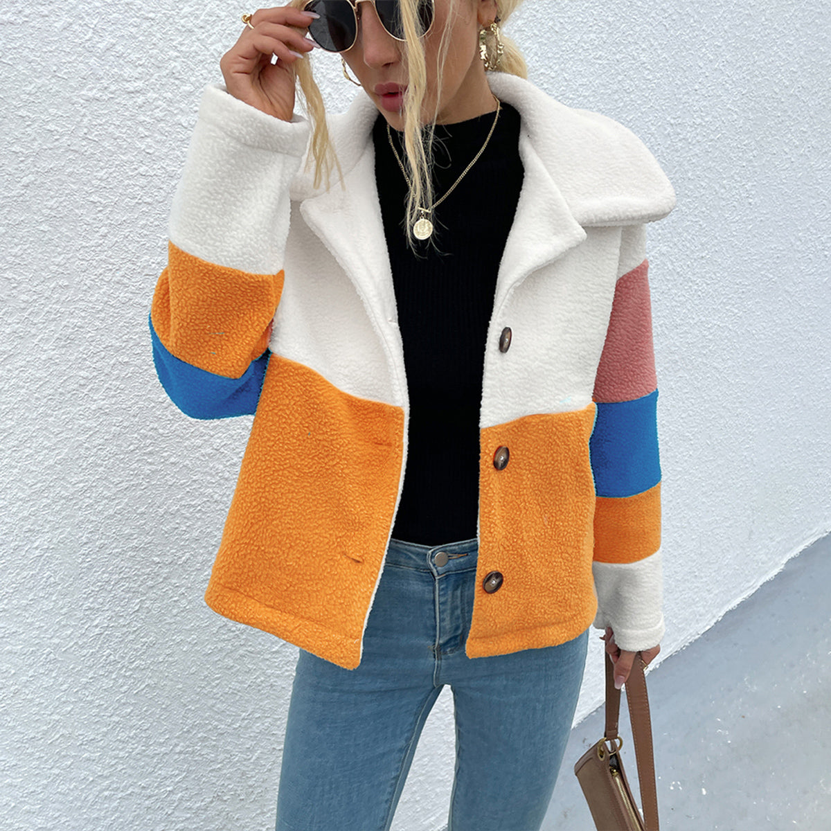 Shiny Color Block Button Down Collared Jacket