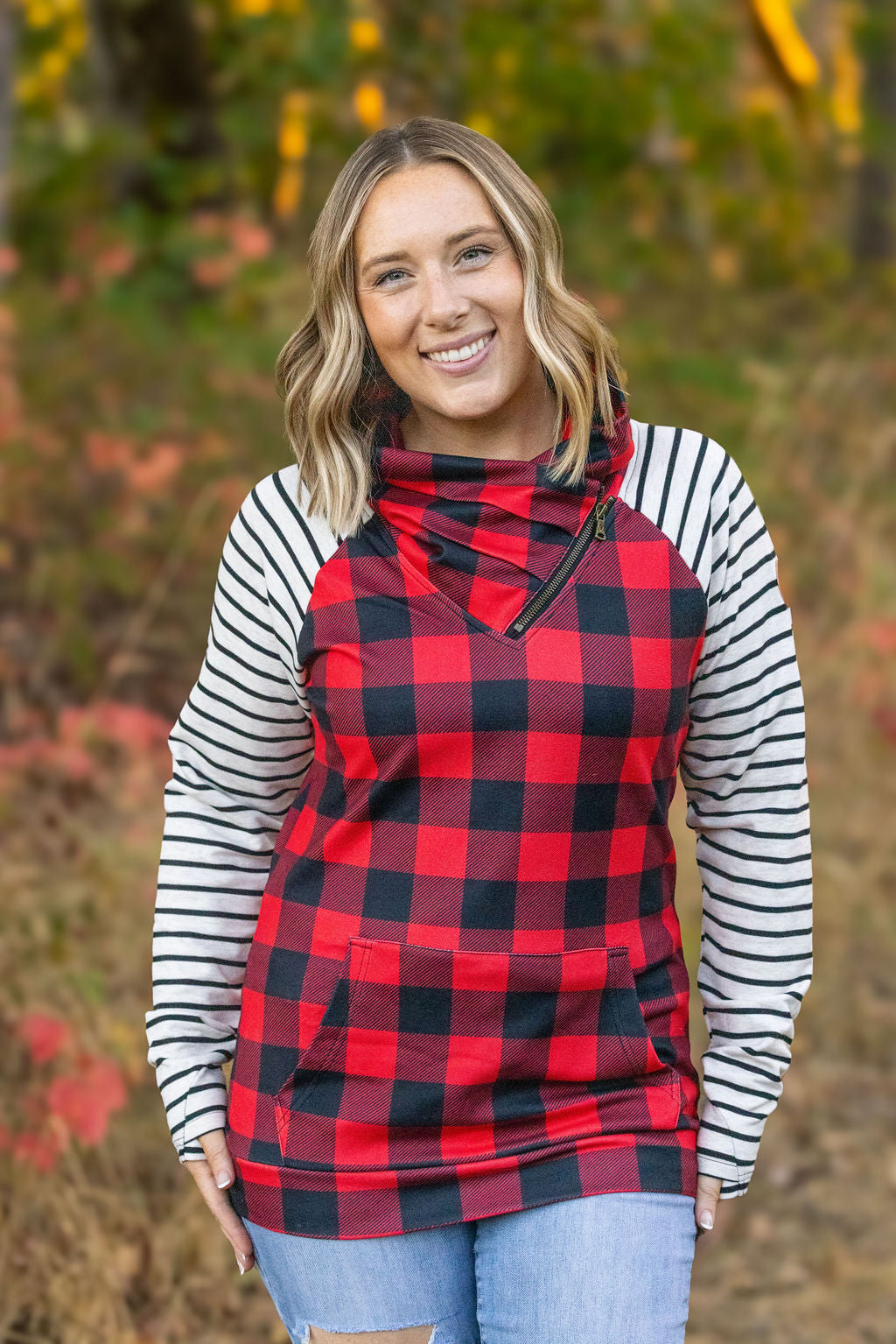 IN STOCK Zoey ZipCowl - Buffalo Plaid and Oatmeal Stripes