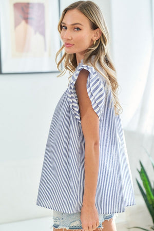 First Love Full Size Striped Flutter Sleeve Blouse