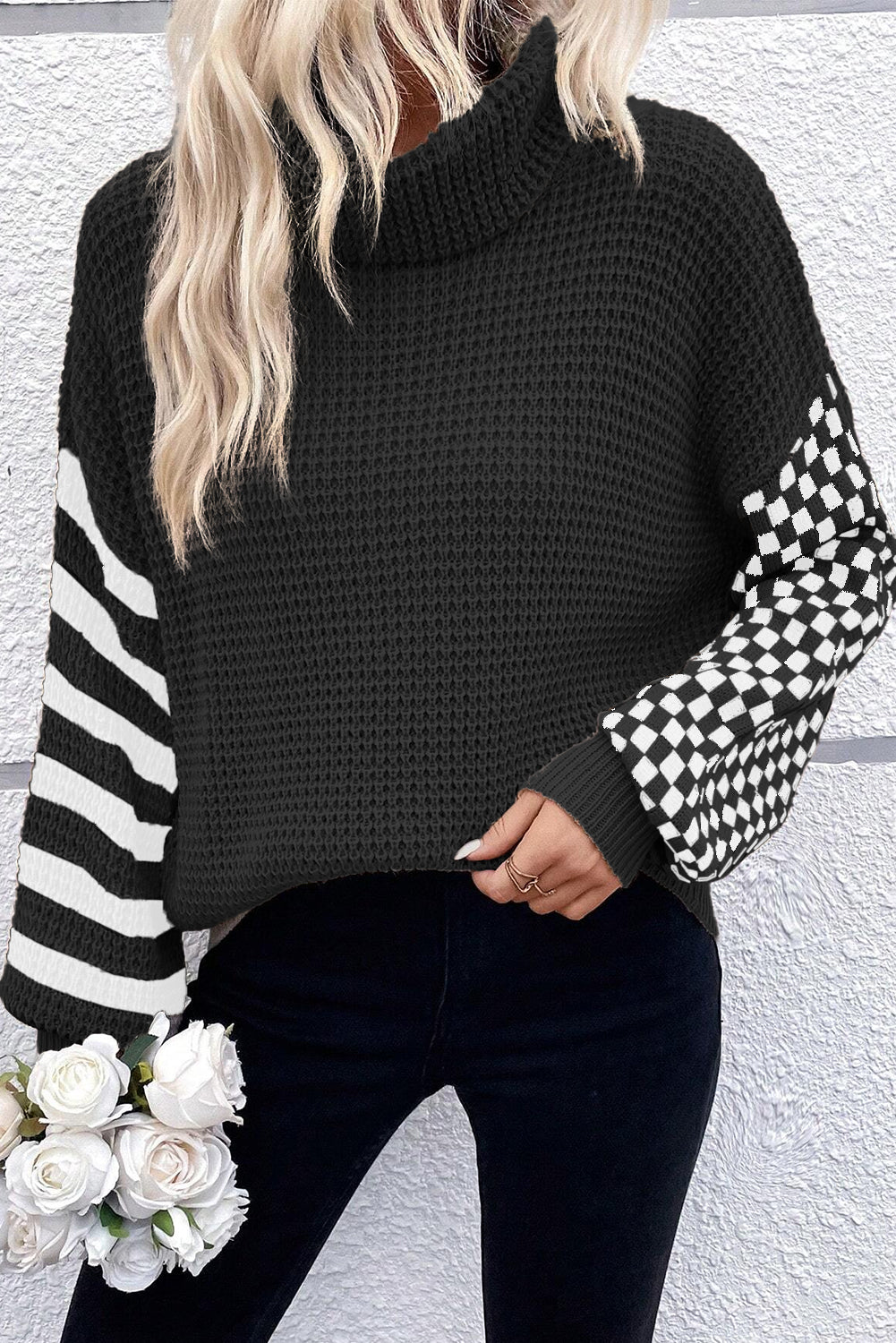 Striped Plaid Waffle Sweater