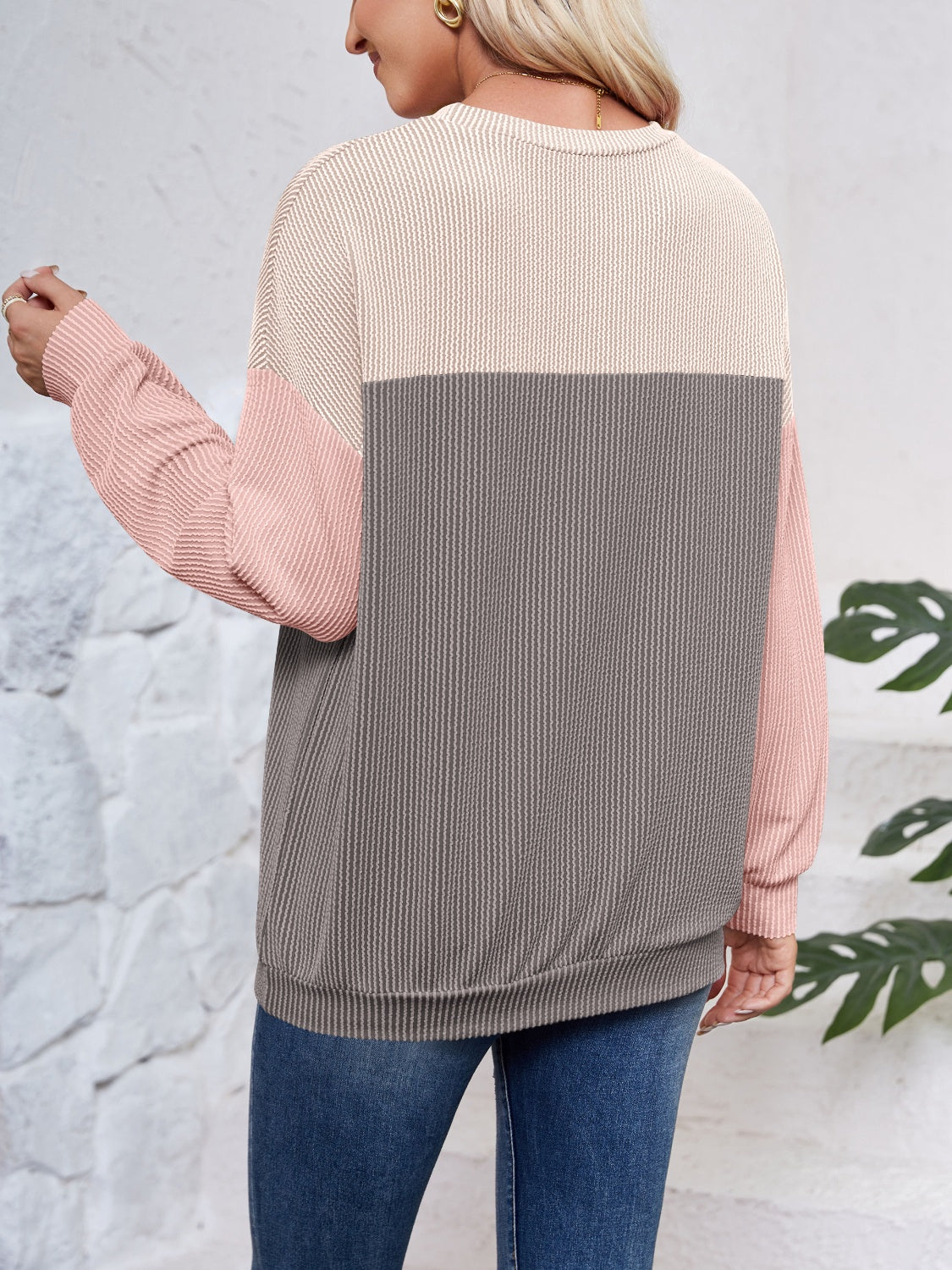 Lovelet Color Block Round Neck Long Sleeve Sweatshirt