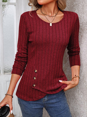 Decorative Button Round Neck Long Sleeve T-Shirt