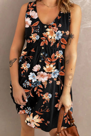 Printed Scoop Neck Sleeveless Buttoned Magic Dress with Pockets