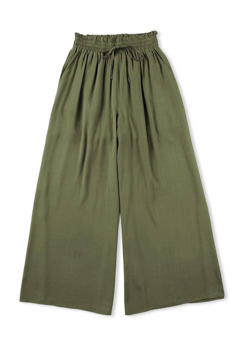 Drawstring Smocked High Waist Wide Leg Pants