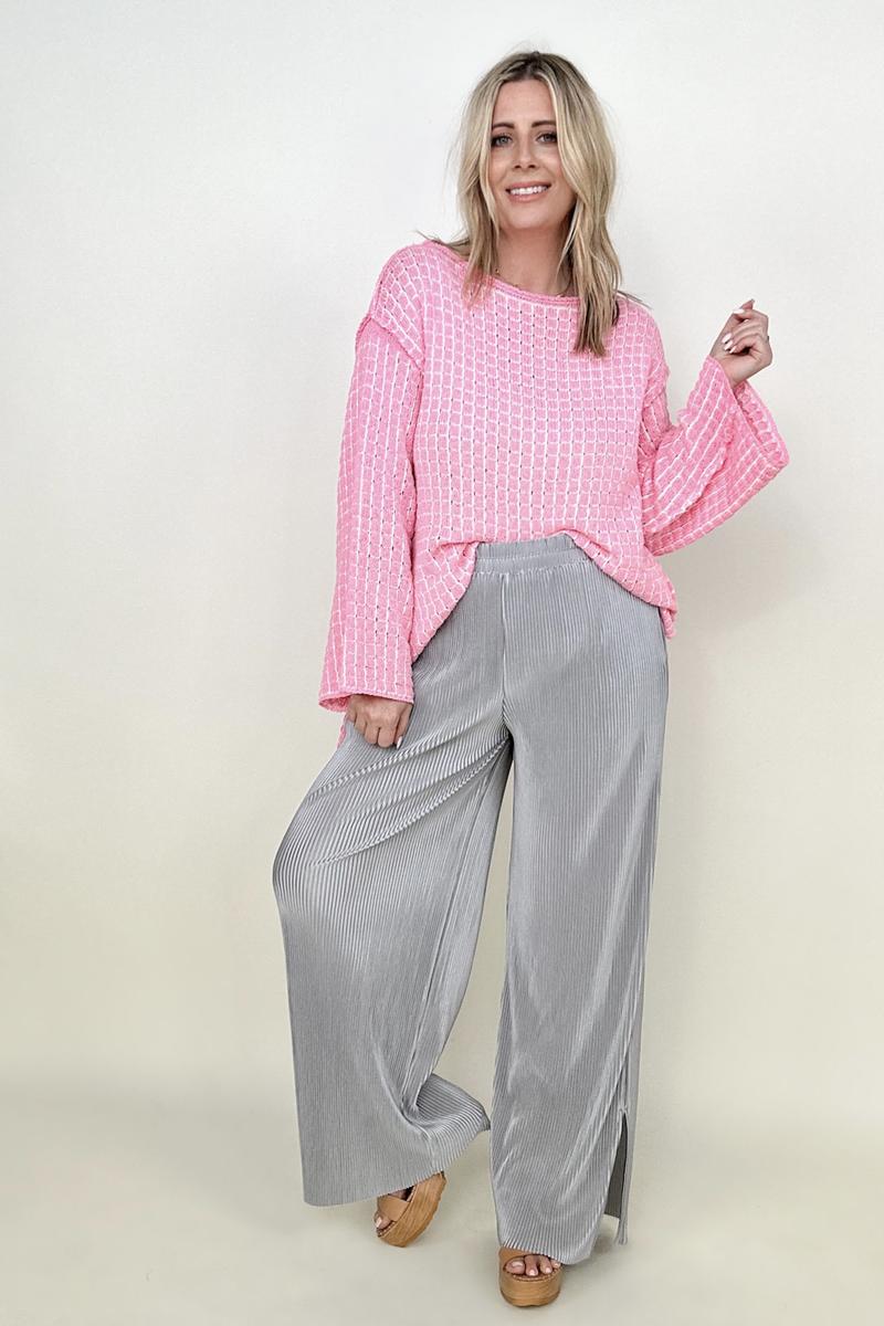 Petal Dew Satin Plisse Palazzo Pants with Pockets