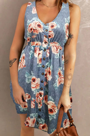 Printed Scoop Neck Sleeveless Buttoned Magic Dress with Pockets